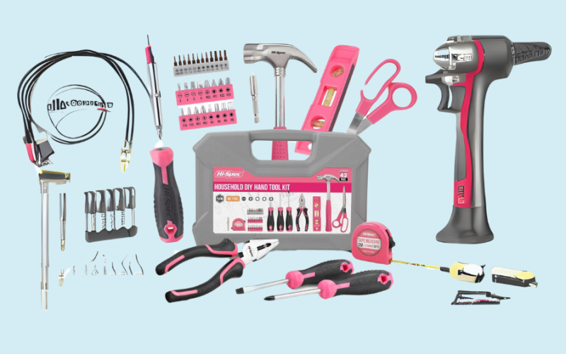 Hi-Spec 42pc Pink Household DIY Tool Set for Women. Home, Office and College Dorm Small Tool Kit of Starter Basic Ladies Tools